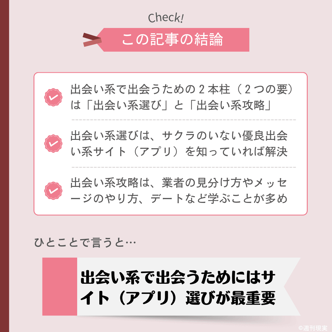 出会い系で出会うための攻略法（方法）についての結論は以下の通り。
出会い系で出会うための２本柱（２つの要）は「出会い系選び」と「出会い系攻略」。
出会い系選びは、サクラのいない優良出会い系サイト（アプリ）を知っていれば解決。
出会い系攻略は、業者の見分け方やメッセージのやり方、デートなど学ぶことが多め。