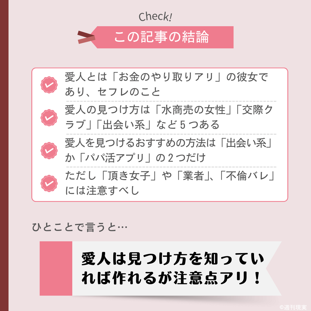 愛人との出会い方についての結論は以下の通り。
愛人とは「お金のやり取りアリ」の彼女であり、セフレのこと。
愛人の見つけ方は「水商売」「交際クラブ」「出会い系」など5つ。
愛人を見つけるおすすめの方法は「出会い系」か「パパ活アプリ」。
ただし「頂き女子」や「業者」、「不倫バレ」には注意すべし。