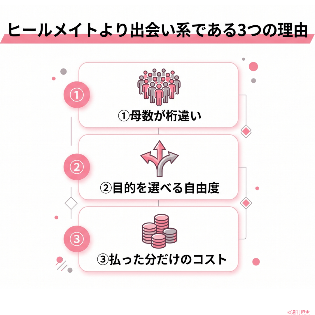 「ヒールメイトより出会い系である3つの理由」を縦に並べたまとめ図。「①母数が桁違い(40万 vs 数千万)」「②目的を選べる自由度」「③払った分だけのコスト」を、それぞれアイコン(人の群衆・分岐矢印・コイン)とともに表示。ピンクとグレー、白背景