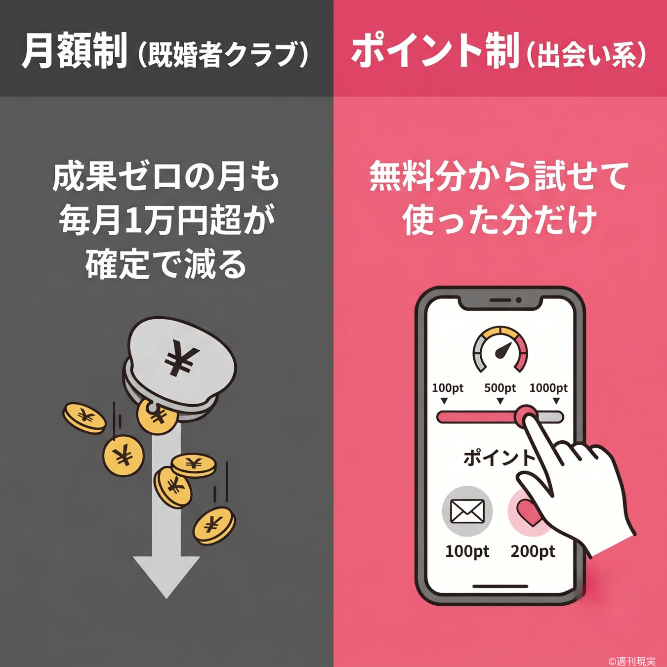 左右比較図。左カラムはグレー#555555で見出し「月額制（既婚者クラブ）」、下に「成果ゼロの月も毎月1万円超が確定で減る」とコインが減るイラスト。右カラムはピンク#ef7c8eで見出し「ポイント制（出会い系）」、下に「無料分から試せて使った分だけ」と調整できるイラスト。背景は白